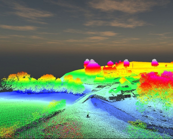 Bridge over river in front of houses heat map