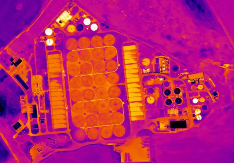 Aerial thermal image of water treatment plant highlighting possible leaks