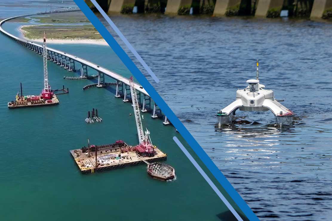 Offshore infrastructure construction using marine plant equipment alongside an autonomous environmental monitoring vessel operating in open water, showcasing coastal engineering and marine technology solutions